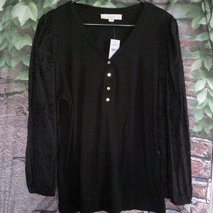 Black Ribbed 1/4 Button  Cut-Out Long Sleeves Blouse